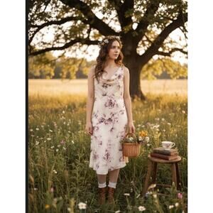 Ann Taylor Loft Dress Womens 10P Pink Floral Silk Cowl Neck Midi Cottagecore